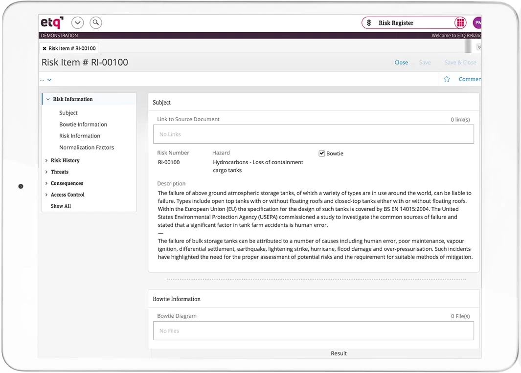 ETQ Reliance Risk item shown on tablet