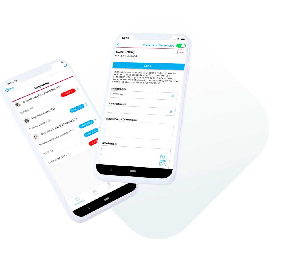 two mobile devices with ETQ Reliance app running