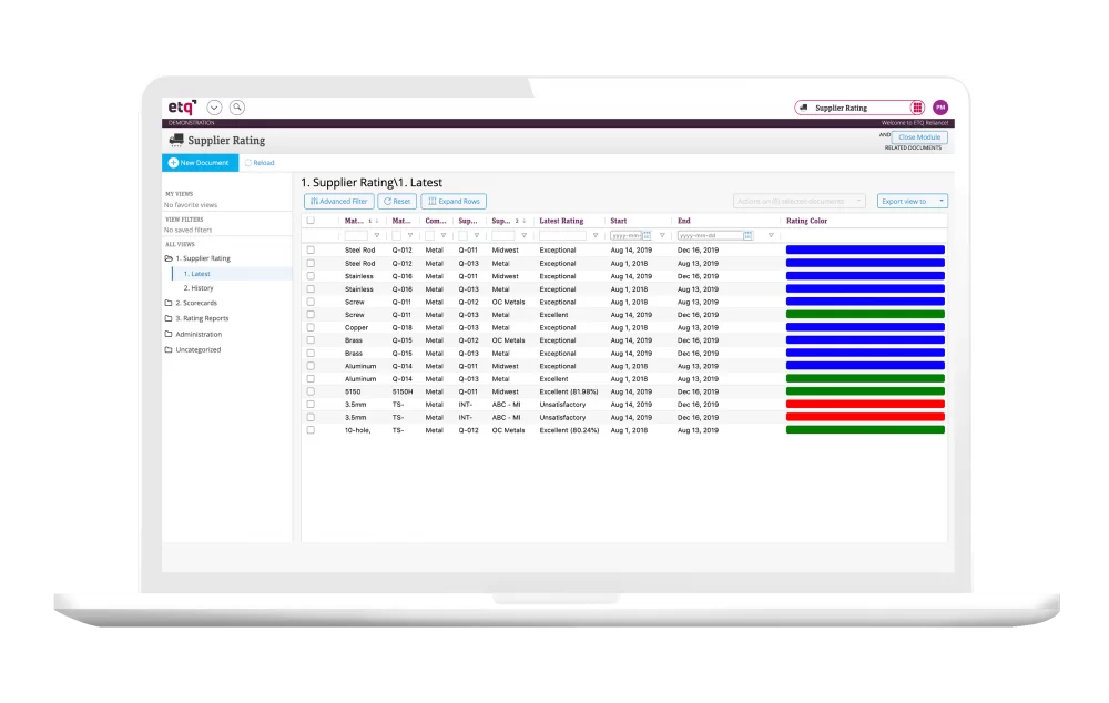 ETQ Reliance Supplier Rating shown on tablet