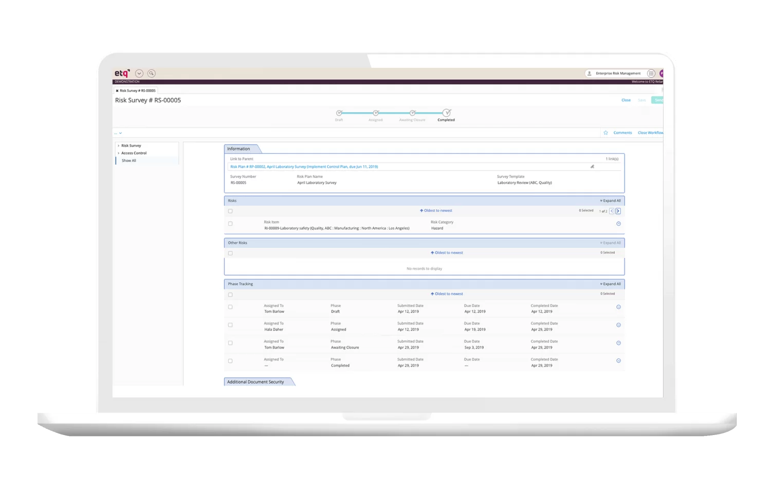 ETQ Reliance risk register app with risk survey showing