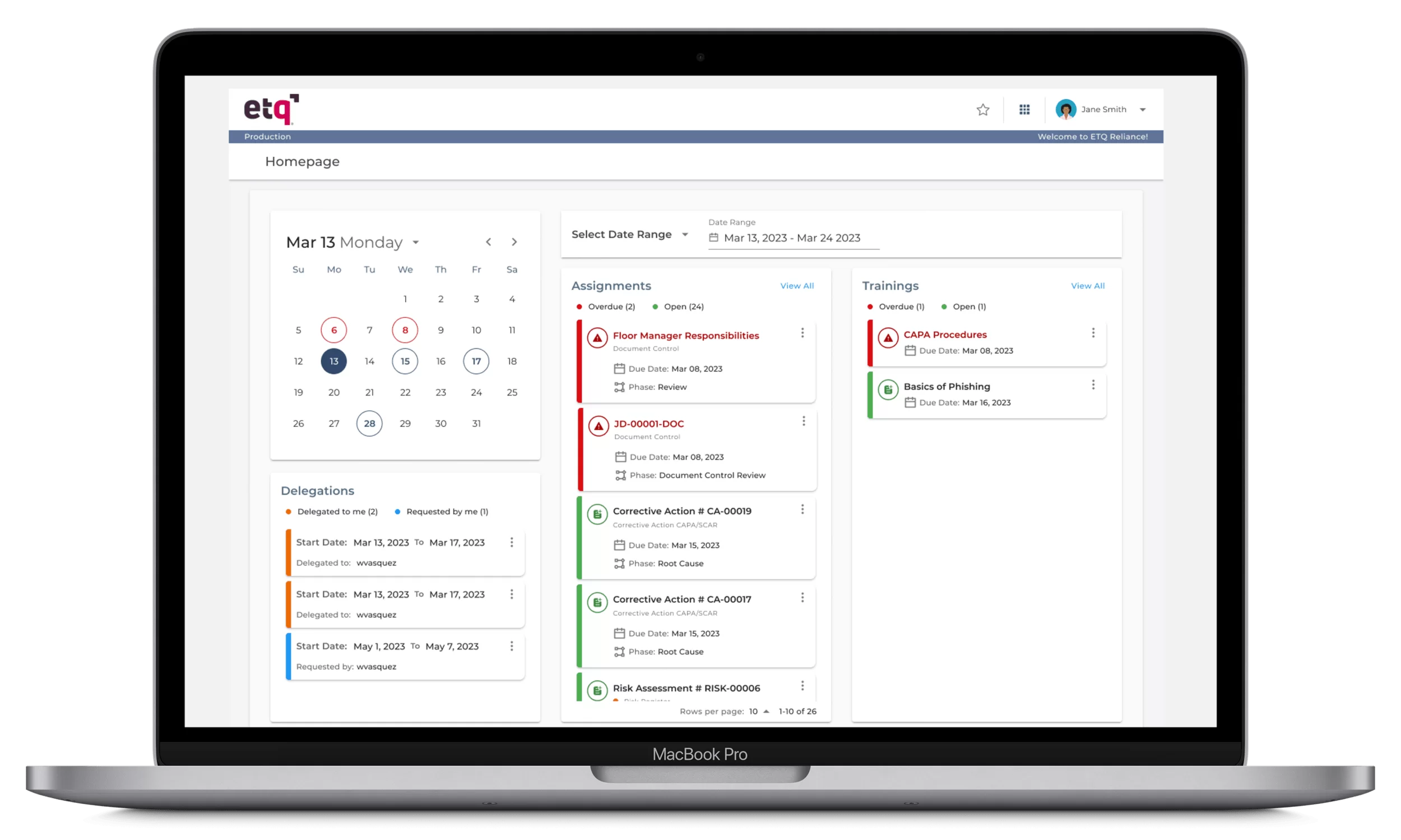 ETQ Reliance QMS home page that includes the Risk Register application