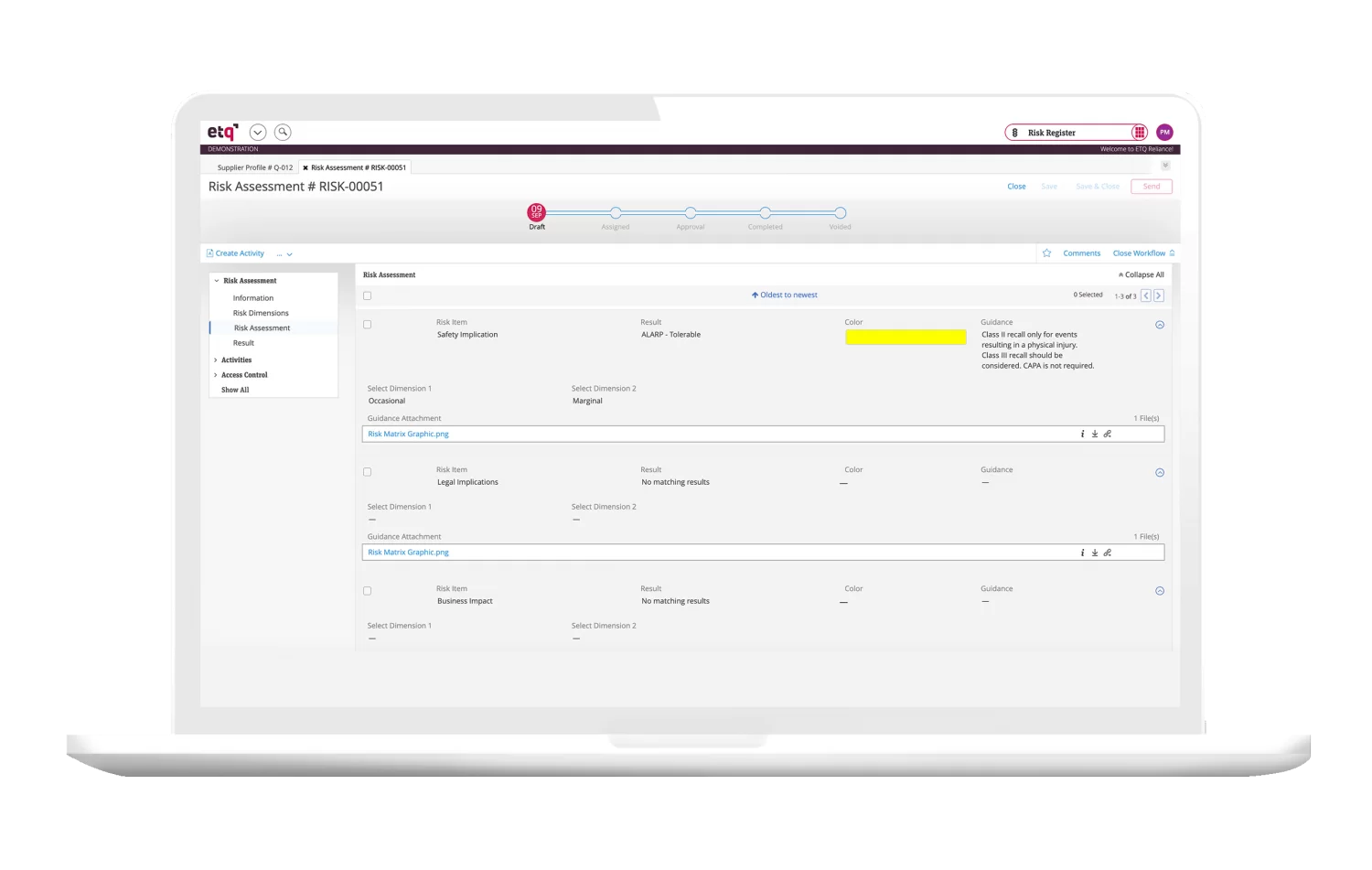 ETQ risk management software app with a risk assessment